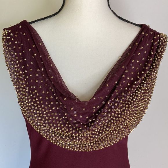 Cachet Gown Maxi Gold Beads Front & Back Neckline Burgundy Color Formal Gown - Picture 10 of 13